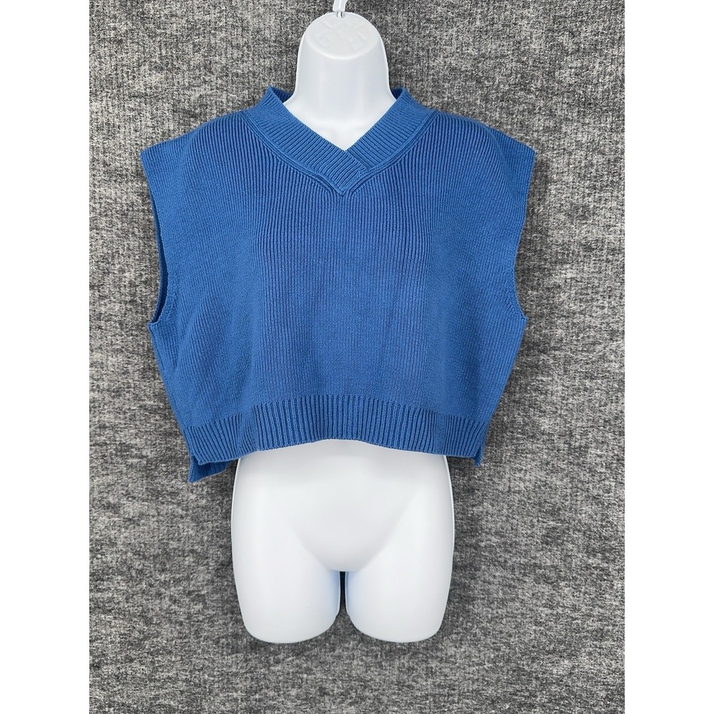 Free People Sweater Vest Womens Medium Blue V Neck Cropped Knit Sleeveless